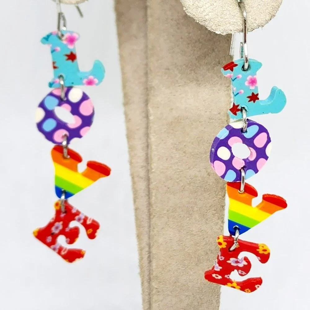 LOVE Long Multi Color Rainbow Dangle Pierced Light Weight Fashion Earrings